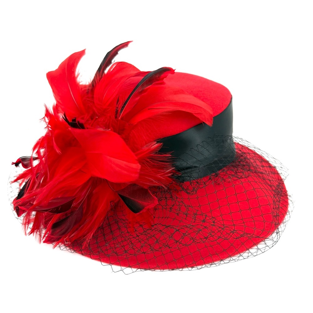 Kathy Jeanne Elegant Red Feathered Vail Hat 100% Wool Felt Church Kentucky Derby